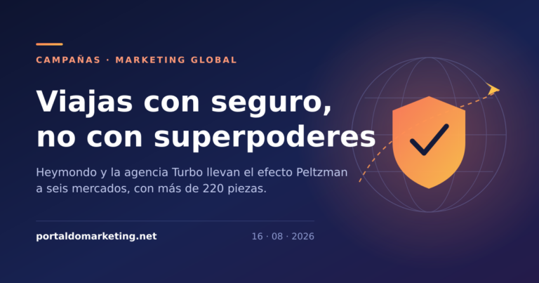 Claim "Viajas con seguro, no con superpoderes" junto a un escudo de protección sobre un globo terráqueo.